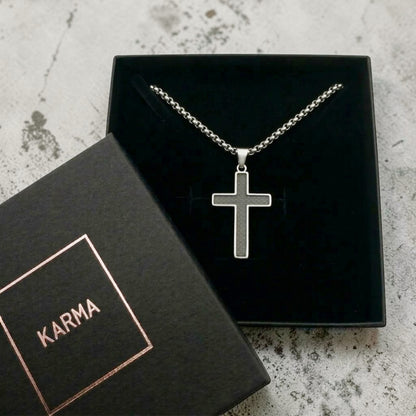 Halskette mit Kreuz Anhänger Herren Schwarz Titanstahl Carbon Herrenkette Kreuzkette Karma