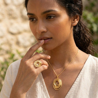 Schmuckset Gold Ring und Halskette Edelstahl vergoldet wasserfest hypoallergen rostfrei Karma