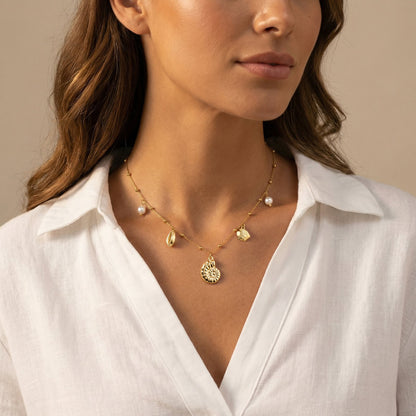 Halskette Muschel Perlen Gold Damen 40 cm Kette Edelstahl vergoldet wasserfest hypoallergen Karma