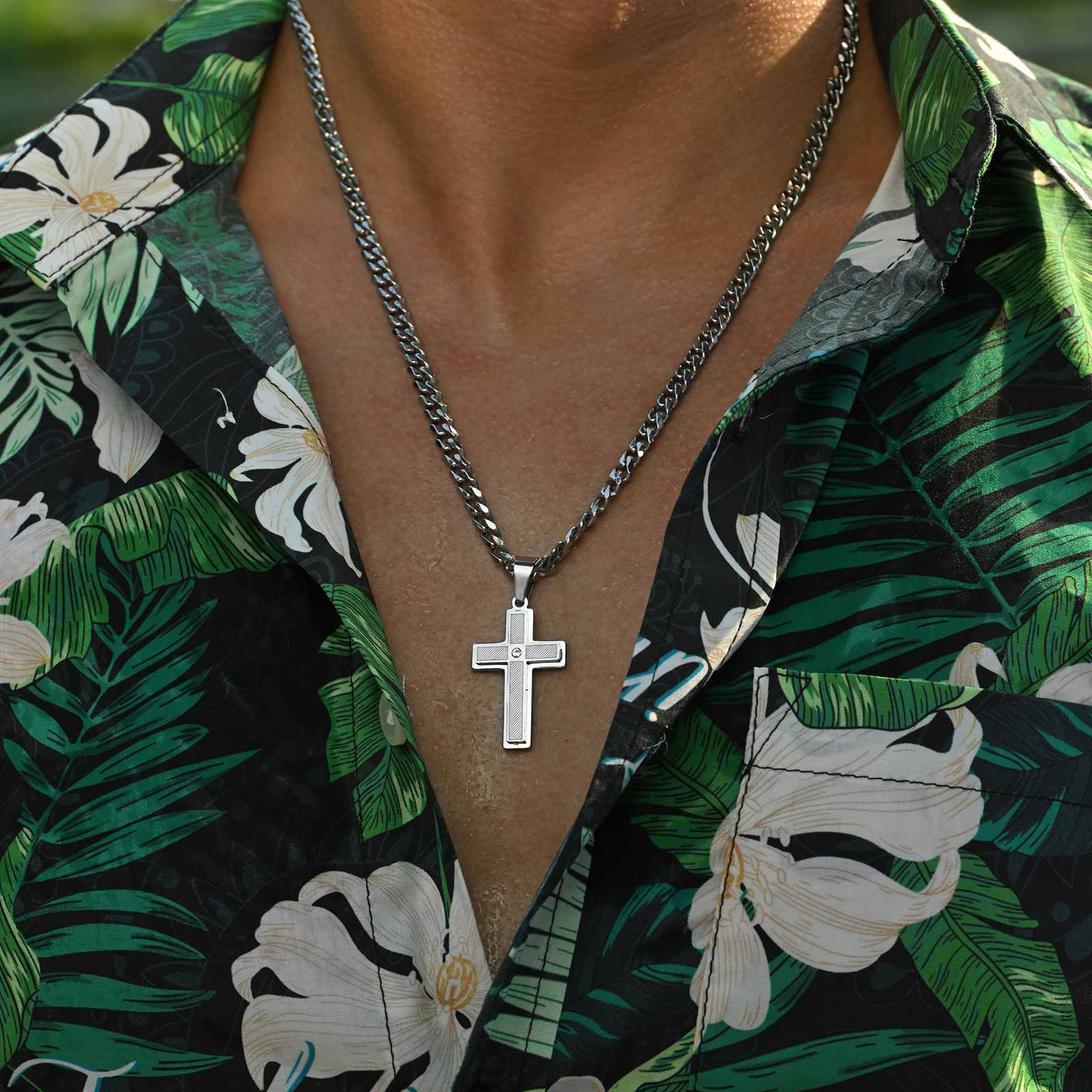 Halskette Herren Kreuz Silber 50 cm Edelstahl Kette wasserfest hypoallergen rostfrei Karma