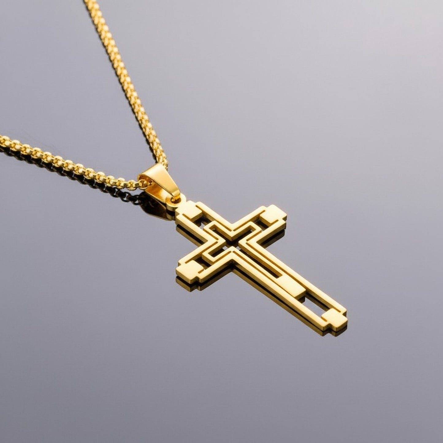 Halskette Kreuz Herren Gold modern 60 cm Edelstahl wasserfest hypoallergen rostfrei Karma