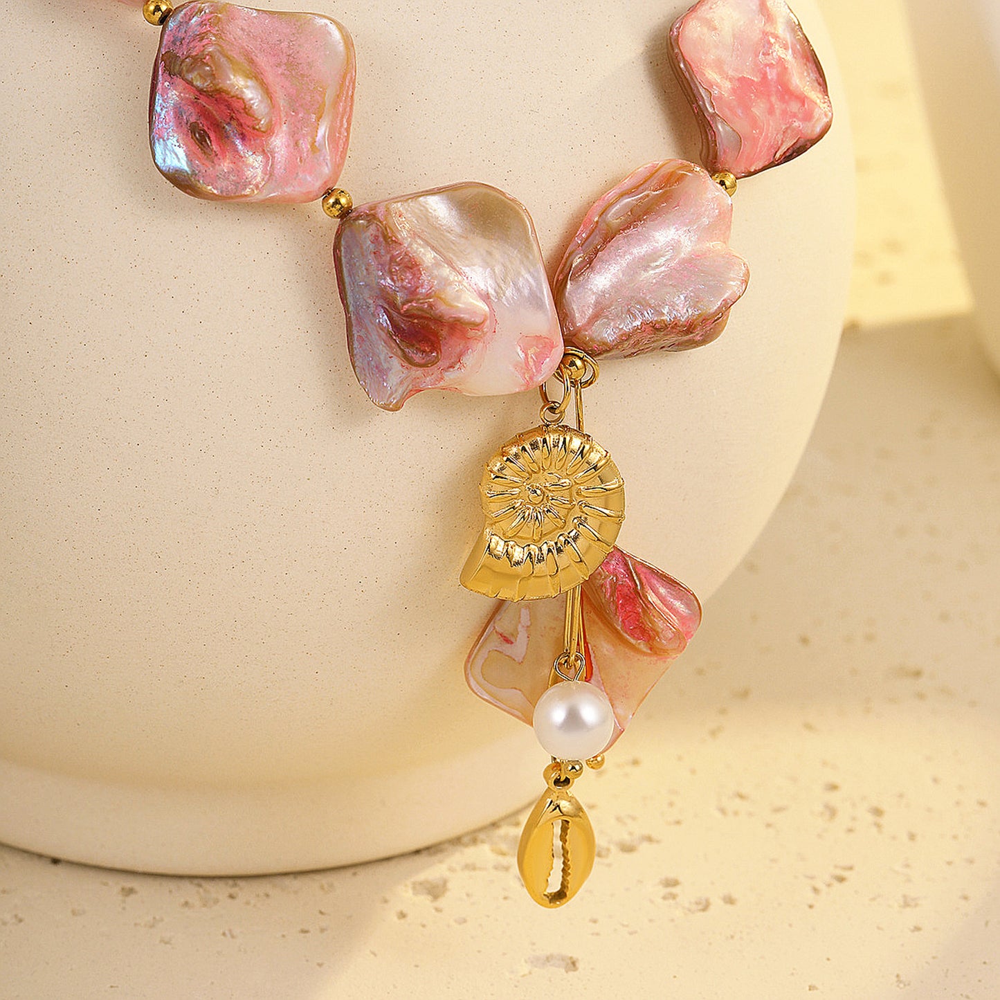 Halskette Muschelperlen Edelstahl Rosa Gold Muschelkette Karma