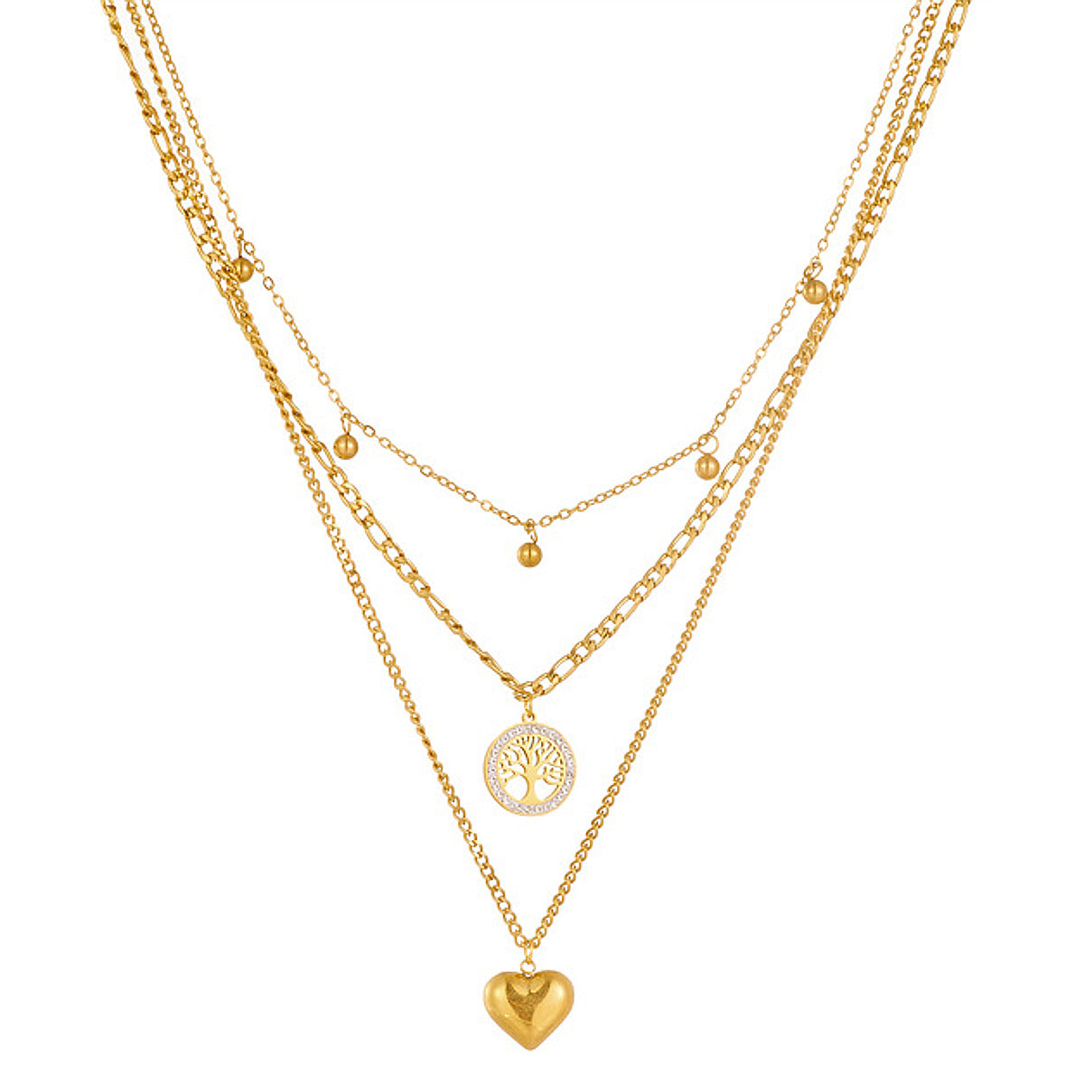 Layering Halskette Herz Lebensbaum Damen Gold Titanstahl Kristalle Karma