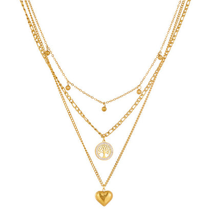 Layering Halskette Herz Lebensbaum Damen Gold Titanstahl Kristalle Karma