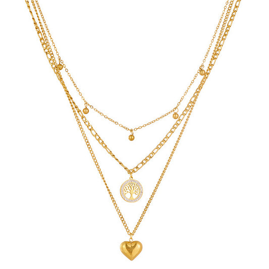 Layering Halskette Herz Lebensbaum Damen Gold Titanstahl Kristalle Karma
