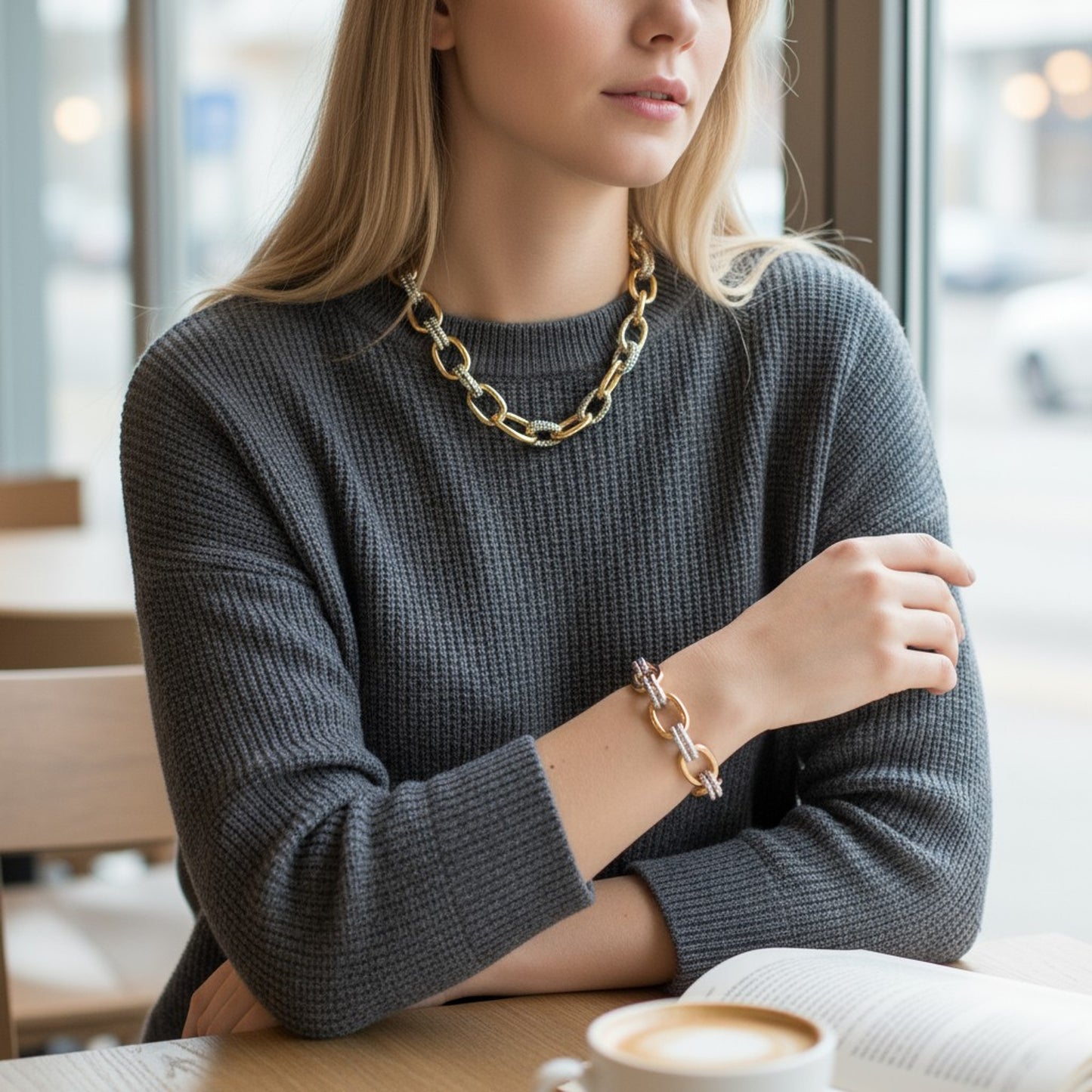 Schmuckset Damen Gold Silber modern Armband und Halskette KARMA