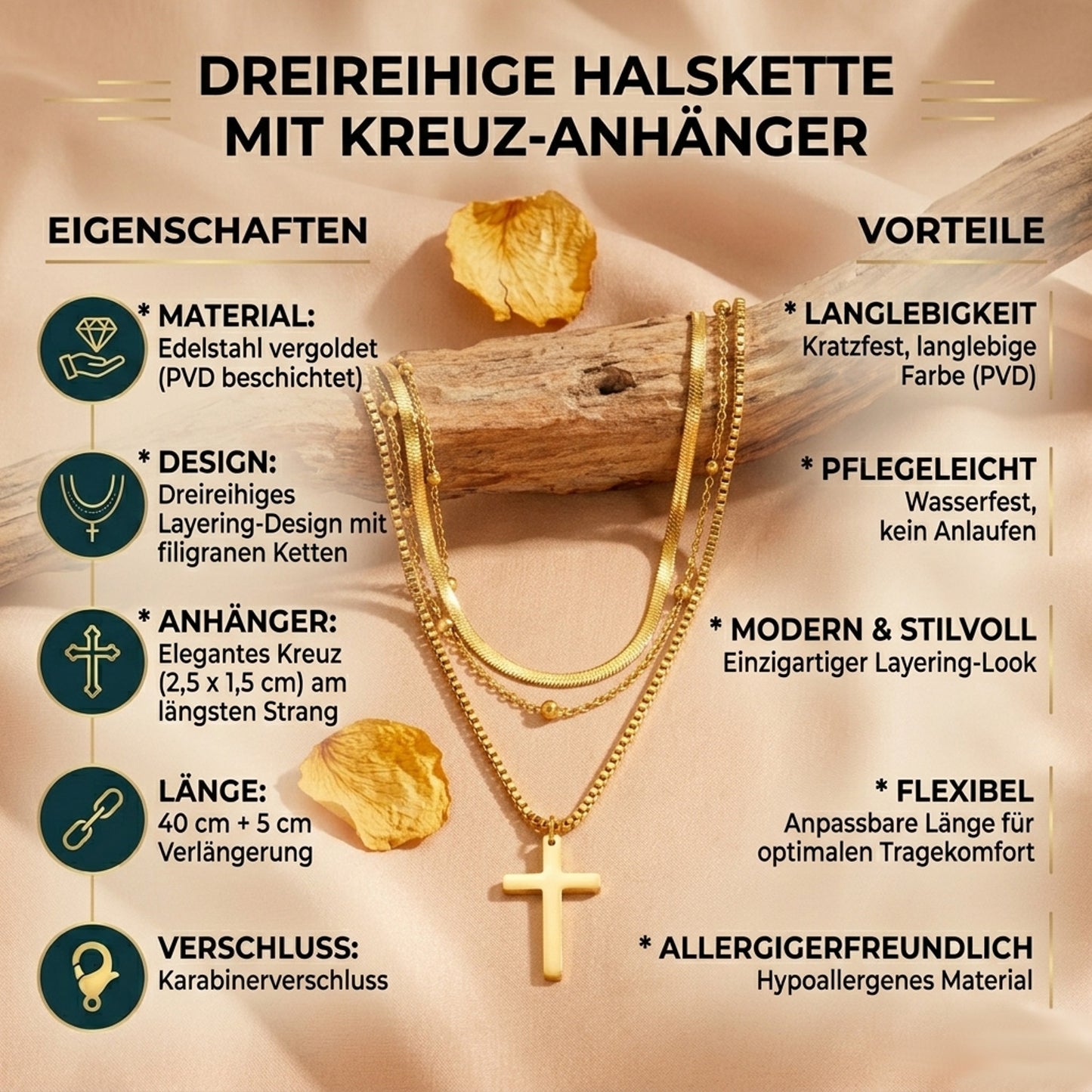 Layering Halskette Kreuz Damen Gold 40 cm Edelstahl PVD beschichtet wasserfest hypoallergern Kreuzkette Damenhalskette Karma