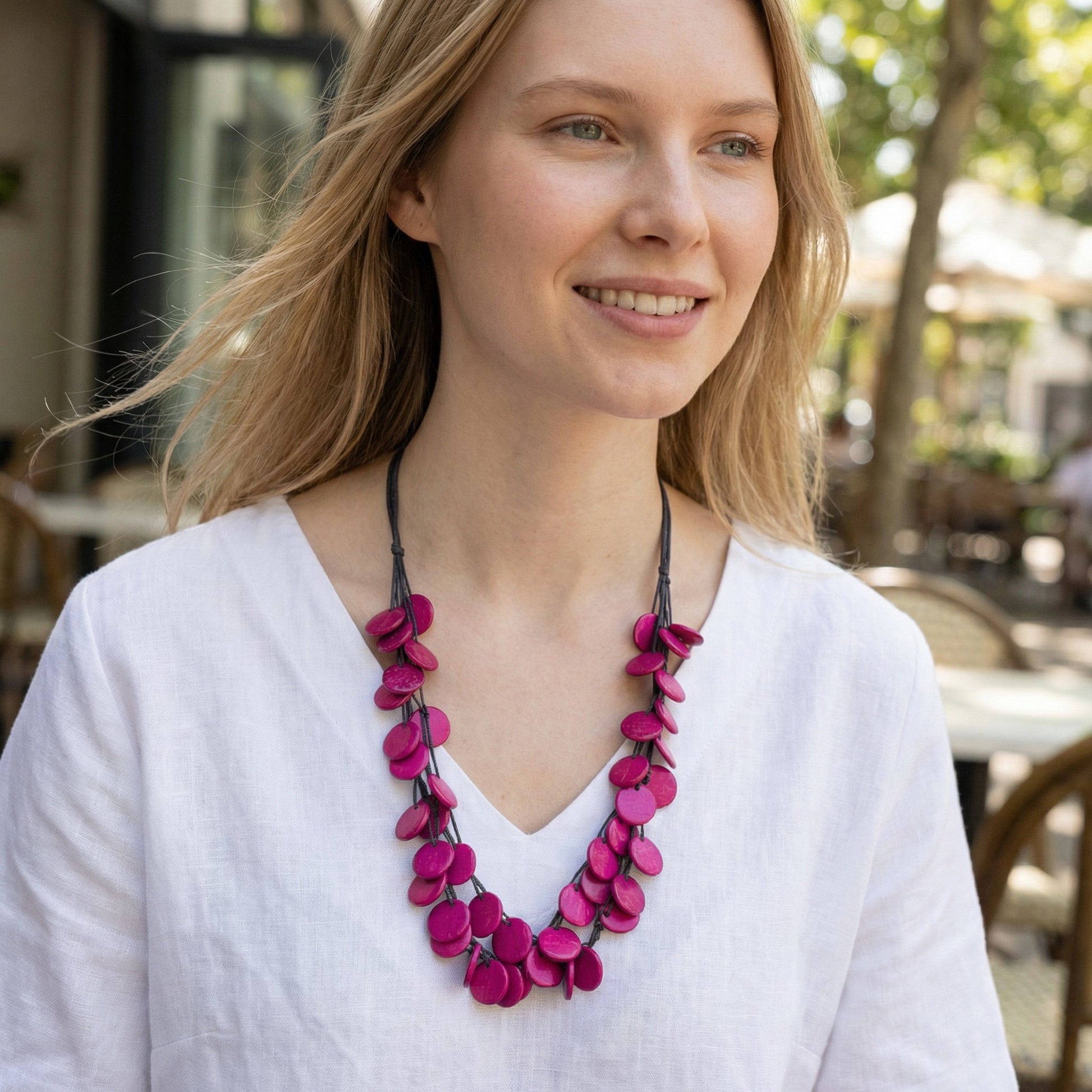 Statement Kette Holz Pink 55 cm Damen Halskette Karma