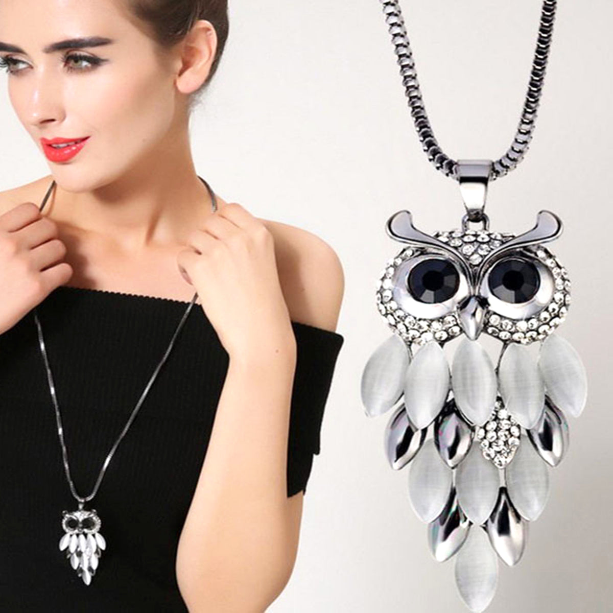 Lange Halskette Pulloverkette mit Eule silber KARMA