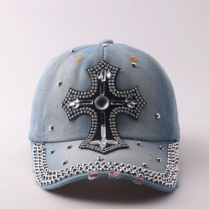 Basecap Kreuz Damen Jeansblau Hellblau Baumwolle Kristalle Kappe Karma