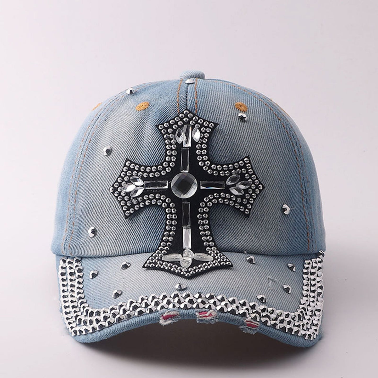Basecap Kreuz Damen Jeansblau Dunkelblau oder Hellblau Baumwolle Kristalle Kappe Karma