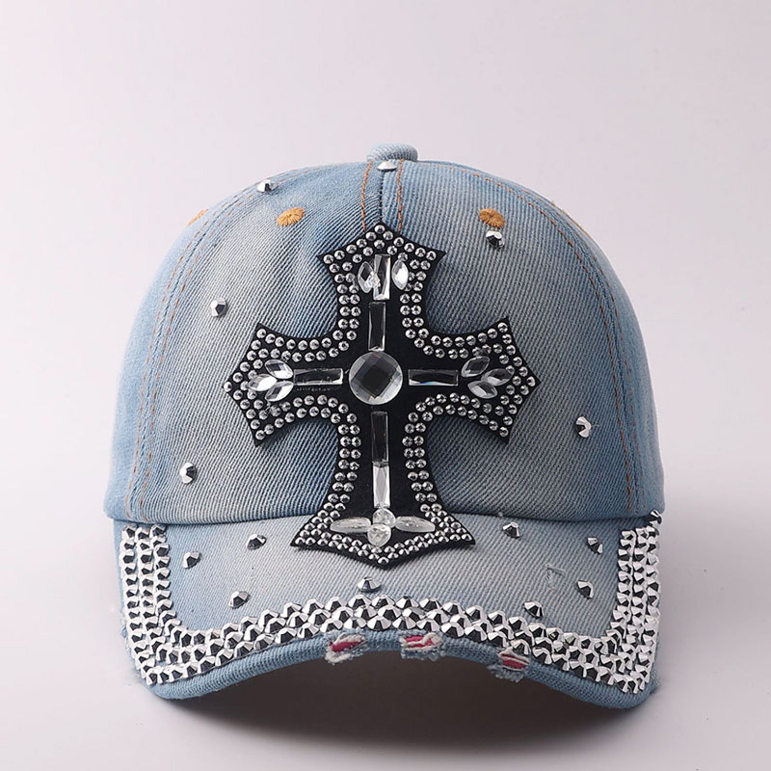 Basecap Kreuz Damen Jeansblau Dunkelblau oder Hellblau Baumwolle Kristalle Kappe Karma