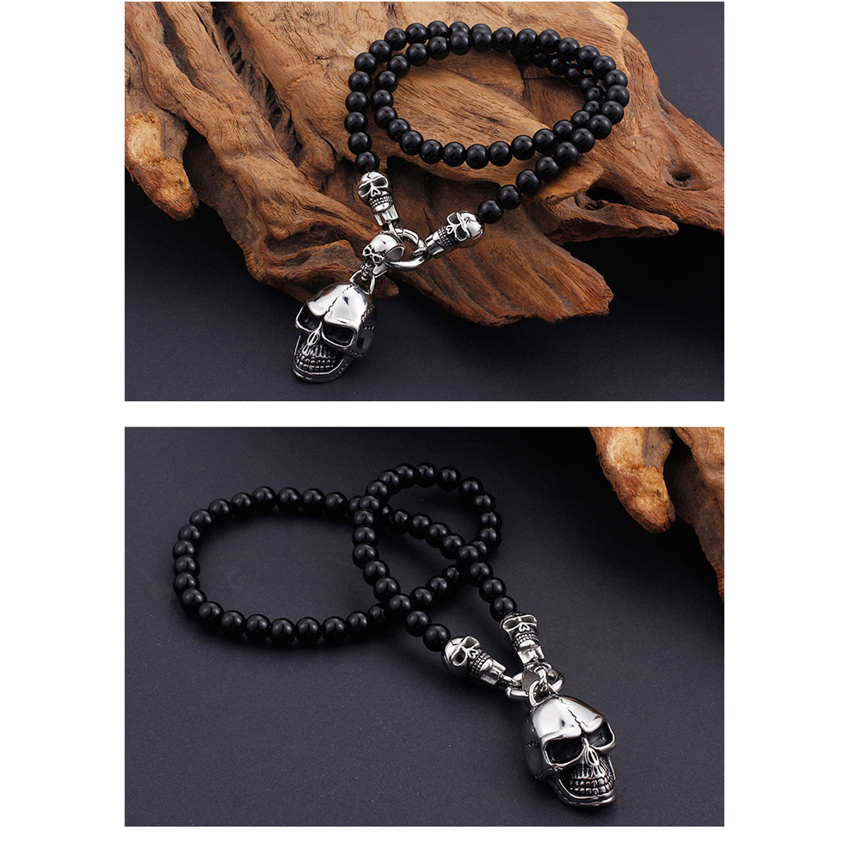 Perlenhalskette Totenkopf Schwarz Silber KARMA