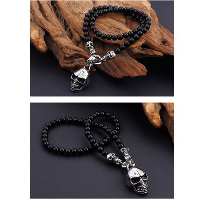 Perlenhalskette Totenkopf Schwarz Silber KARMA