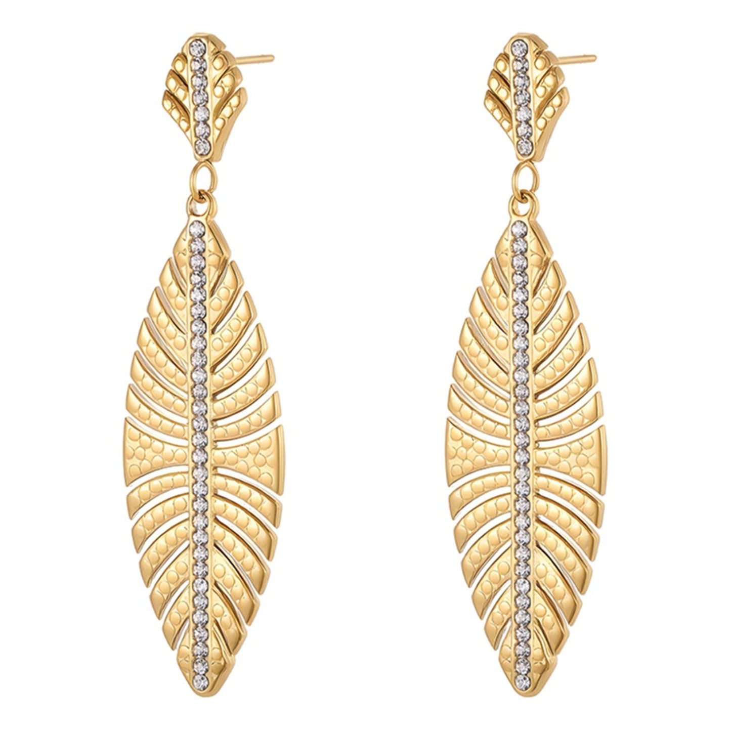 Ohrringe Blatt Damen Gold 5 cm Damen Ohrschmuck Edelstahl vergoldet Kristalle wasserfest rostfrei hypoallergen Lieferung in Schmuckbox Karma