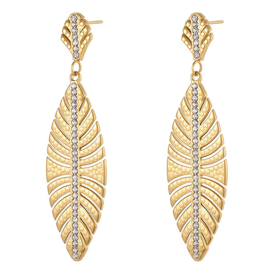 Ohrringe Blatt Damen Gold 5 cm Damen Ohrschmuck Edelstahl vergoldet Kristalle wasserfest rostfrei hypoallergen Lieferung in Schmuckbox Karma