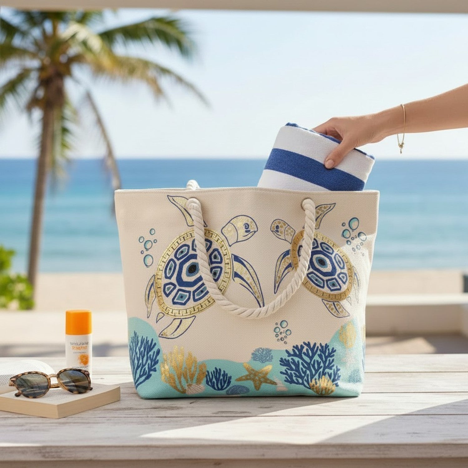 Strandtasche Schildkröte Weiß Blau 54 cm modern Pooltasche Shopper Sommertasche Karma