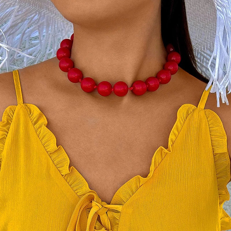 Halskette mit XL Acryl Perlen Rot 45 cm Damen Statement Kette bunt Karma