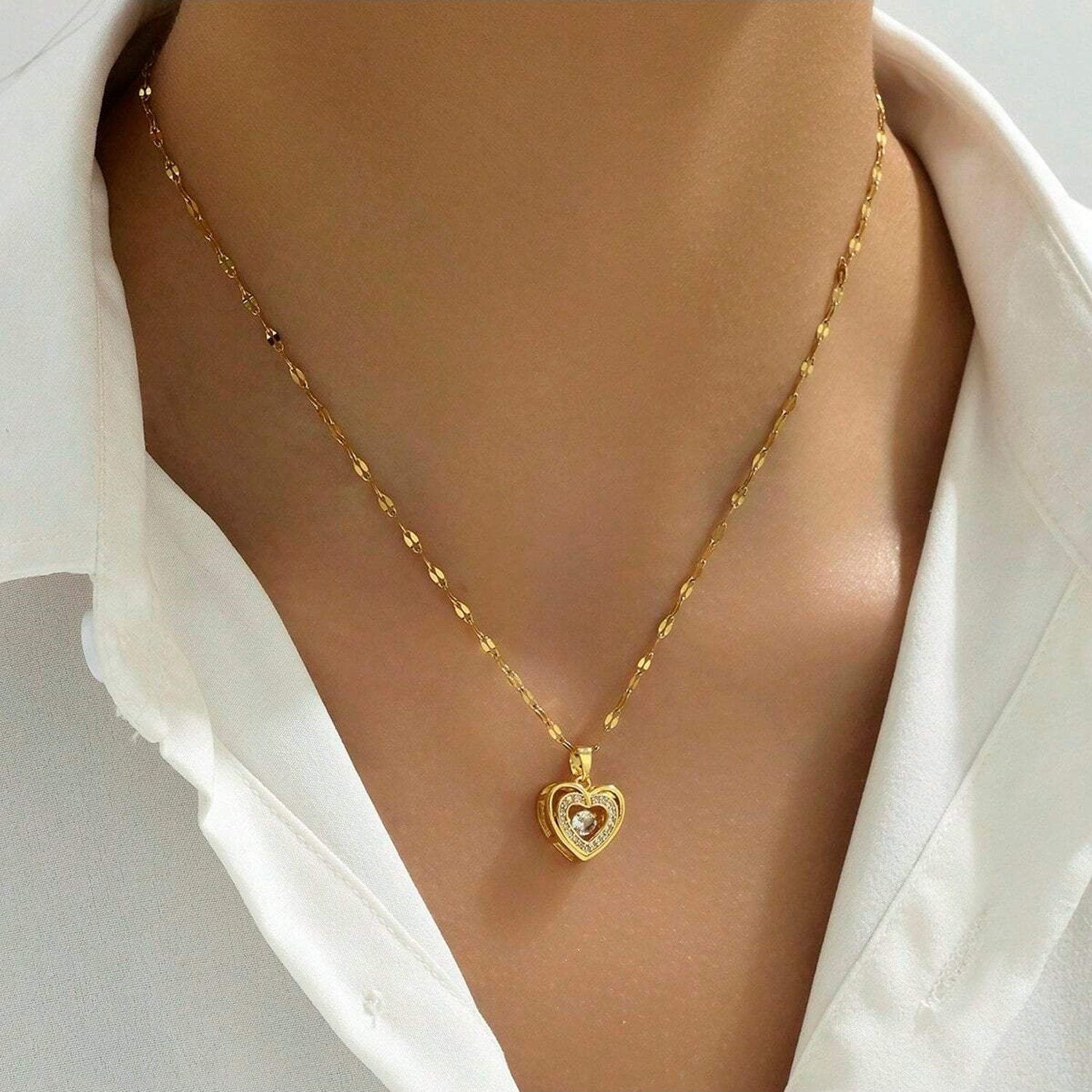 Halskette Herz Gold Kristalle Edelstahl vergoldet 40 cm wasserfest rostfrei Damen Kette Karma
