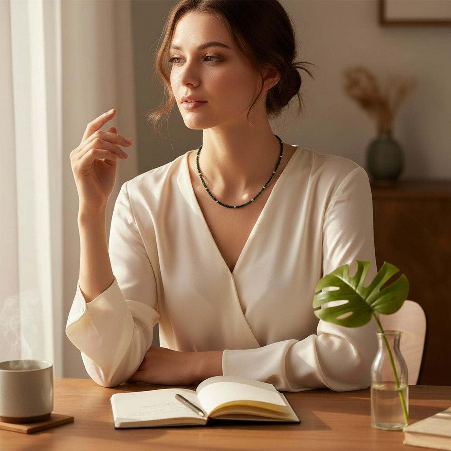 Halskette Damen Malachit Grün Gold Edelstahl vergoldet 38 cm wasserfest hypoallergen Karma