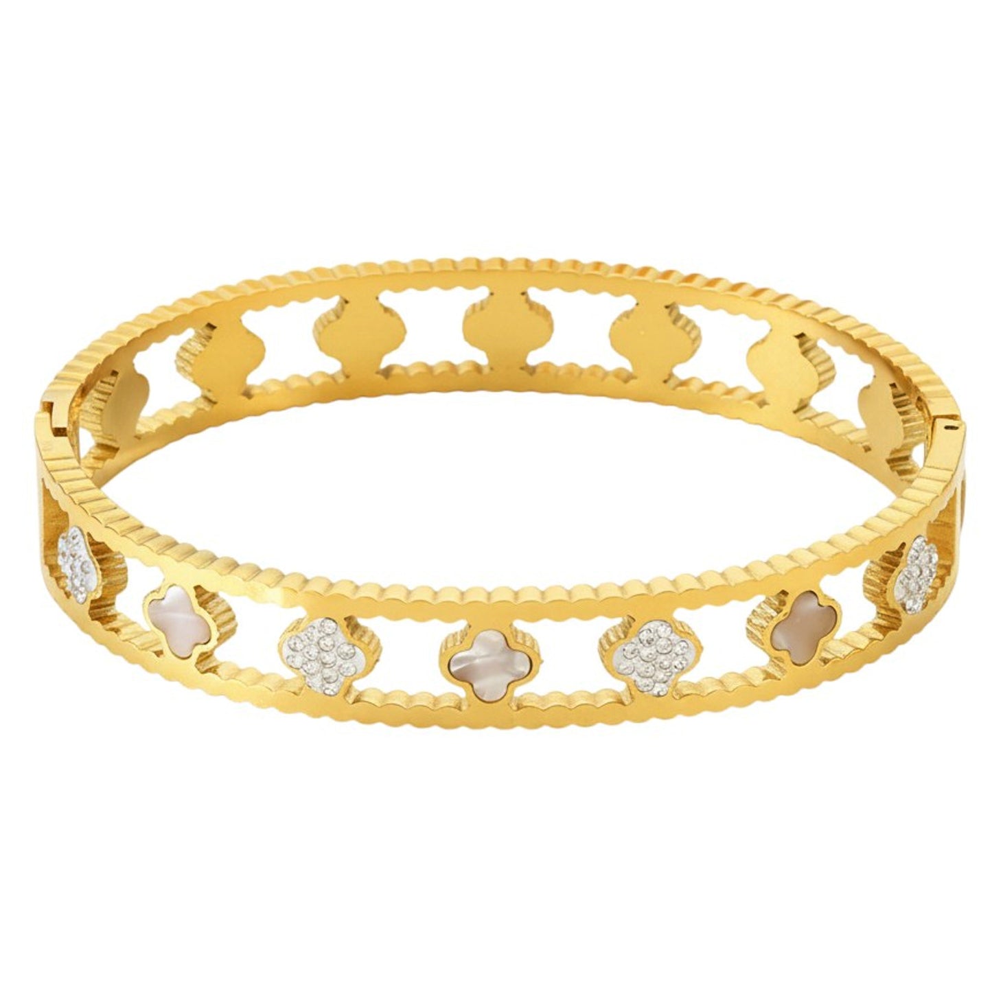 Armreif Kleeblatt Gold Edelstahl Kristalle Damen KARMA