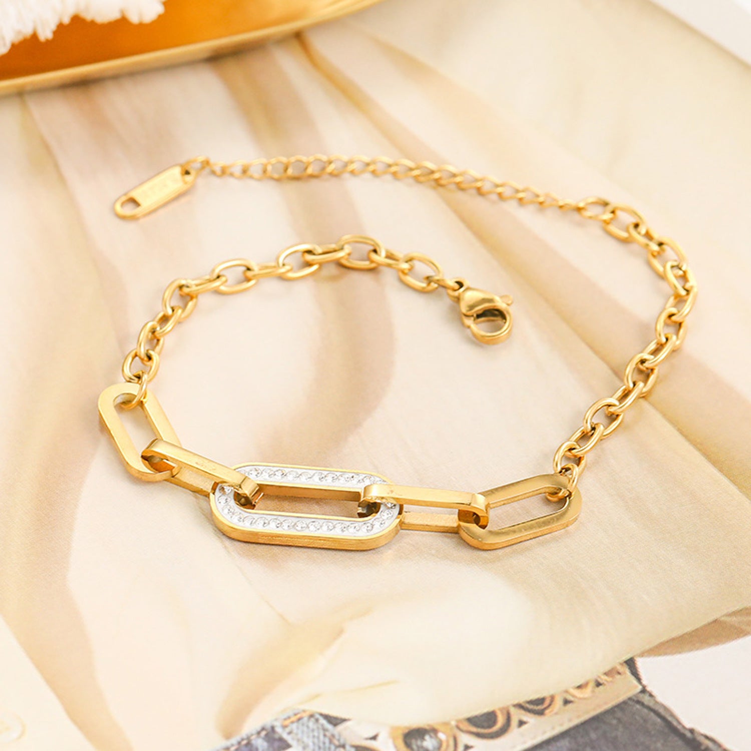 Schmuckset Fußkette & Armband Edelstahl Gold Zirkone Karma