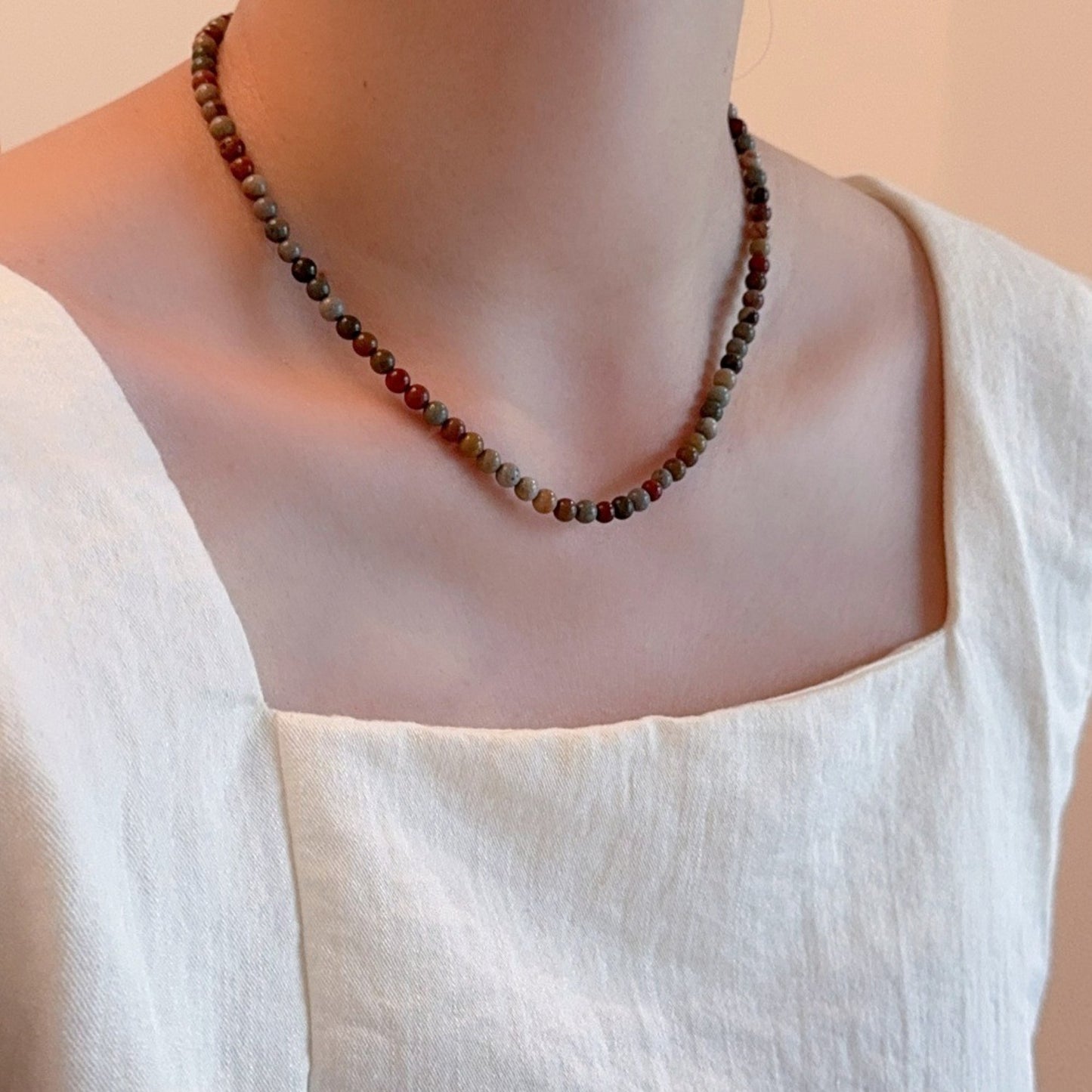 Halskette Damen Naturstein mehrfarbig 4 mm filigran Steinperlen Kette Karma