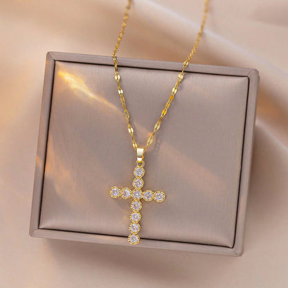 Halskette Kreuz Kristalle Gold vergoldet 40 cm wasserfest rostfrei Damen Kette in Schmuckbox Karma