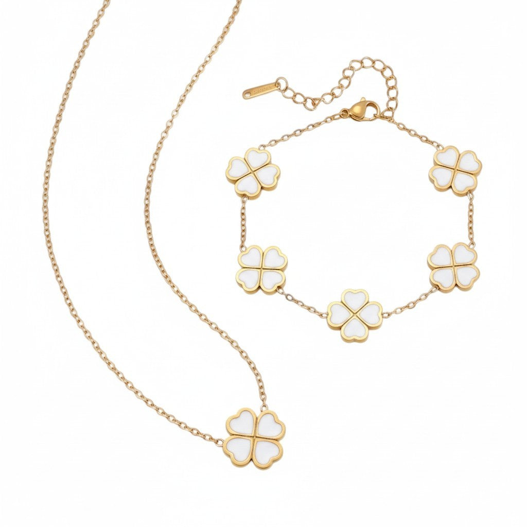 Schmuckset Klee Gold Weiß Armband und Halskette Edelstahl vergoldet wasserfest hypoallergen Karma