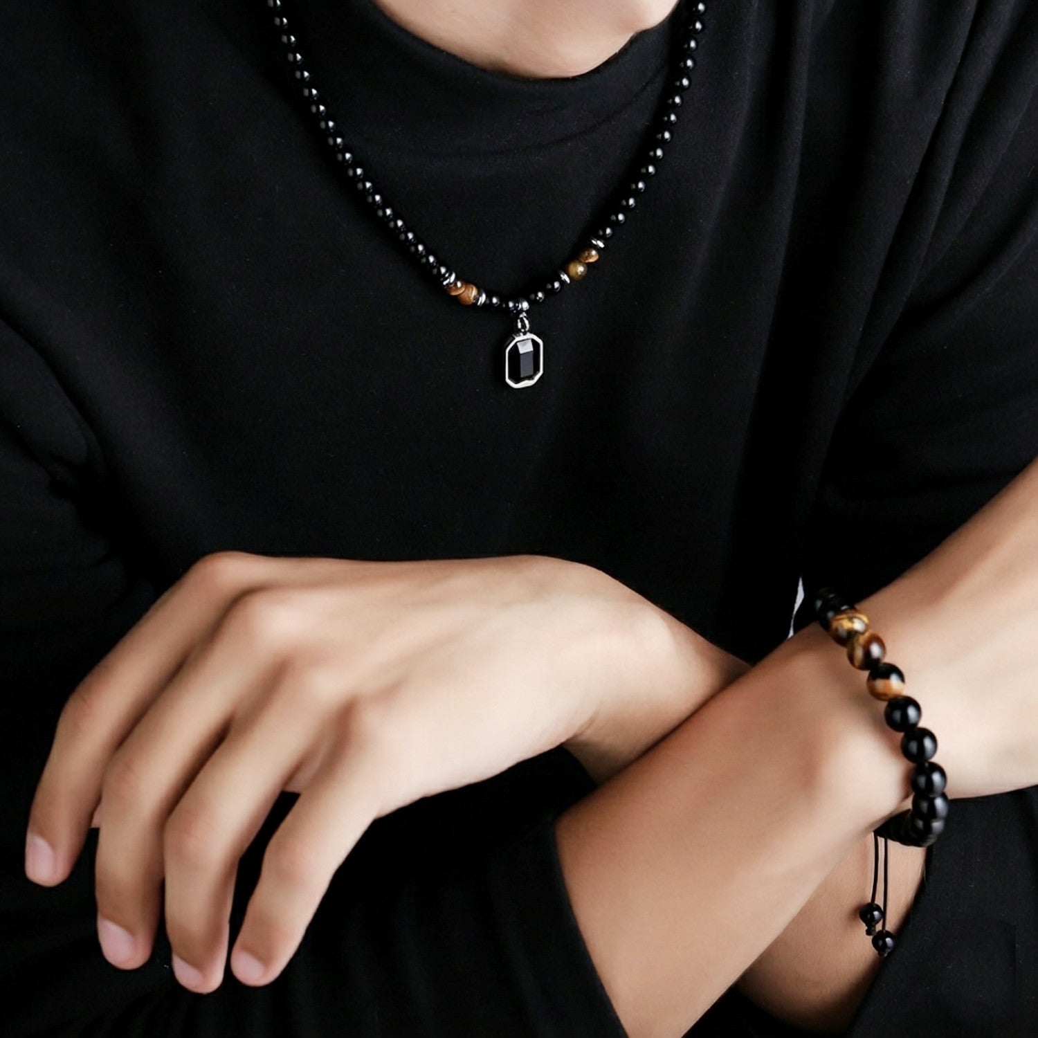 Schmuckset Herren Perlen Schwarz Armband und Kette Edelstahl Acrylperlen Karma