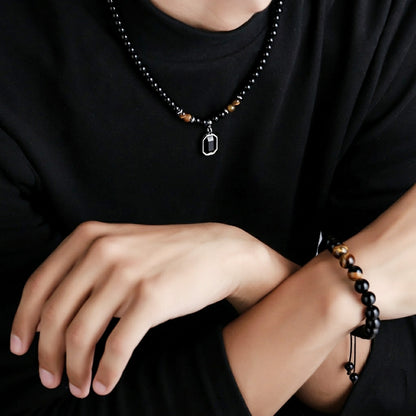 Schmuckset Herren Perlen Schwarz Armband und Kette Edelstahl Acrylperlen Karma