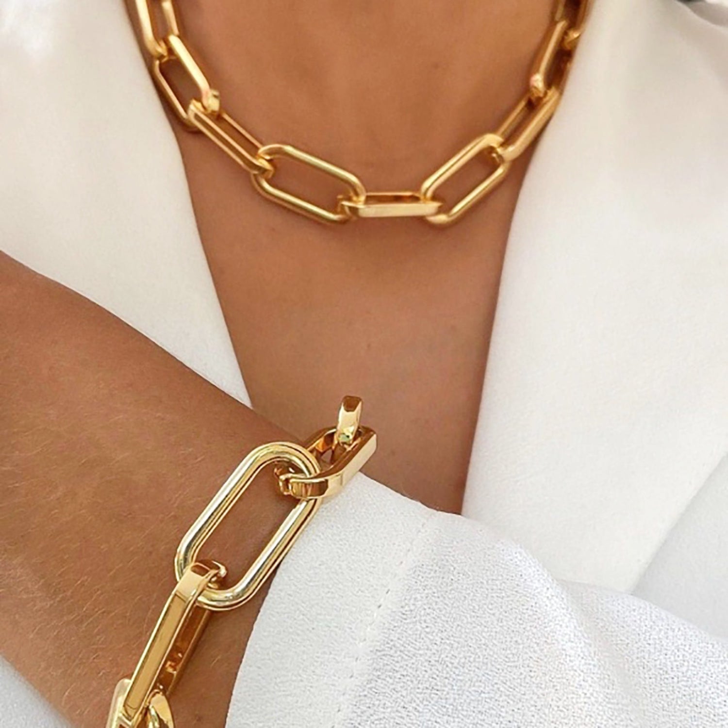 Schmuckset Gold Gliederkette Armband und Halskette Edelstahl vergoldet wasserfest hypoallergen rostfrei Karma