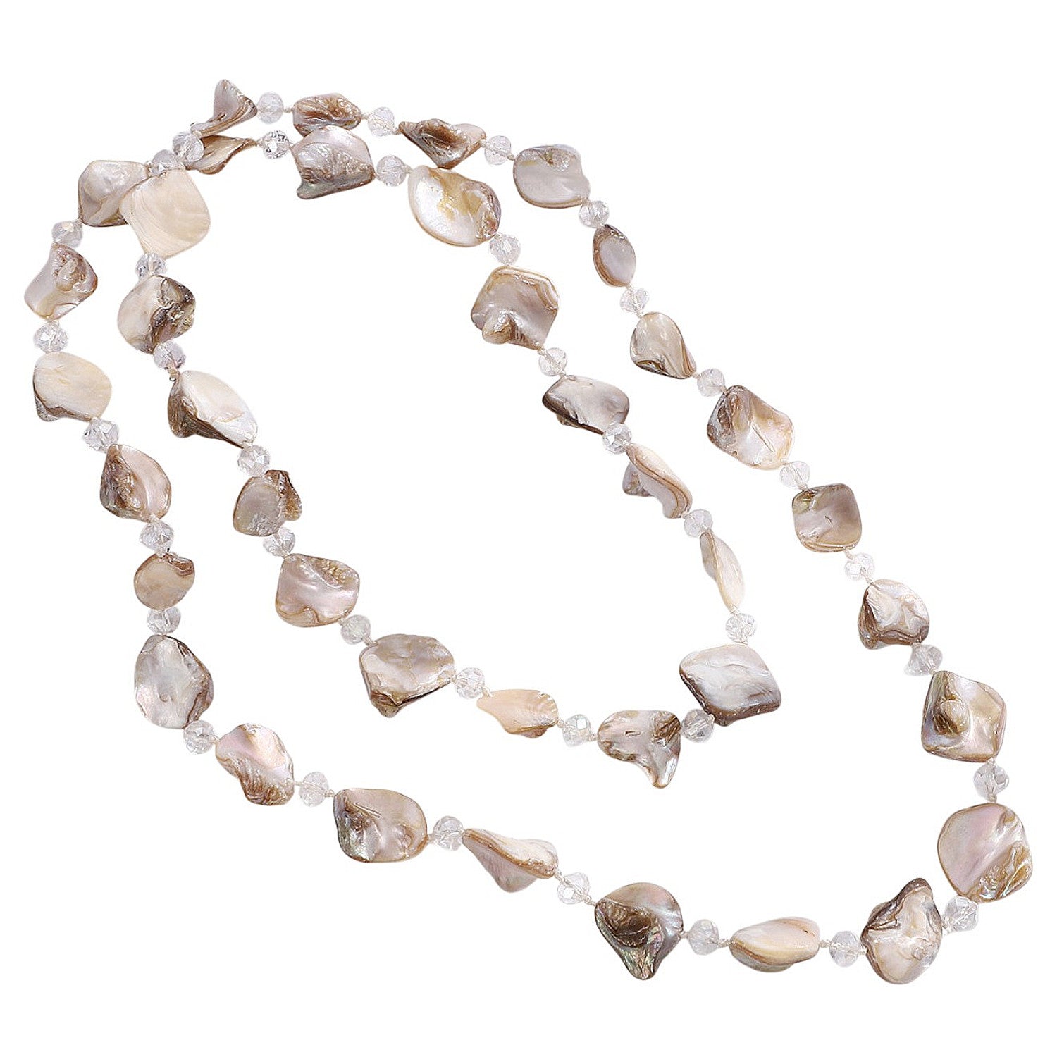 Lange Halskette Muschelsteine und Kristalle Beige Damen Kette Pulloverkette Karma