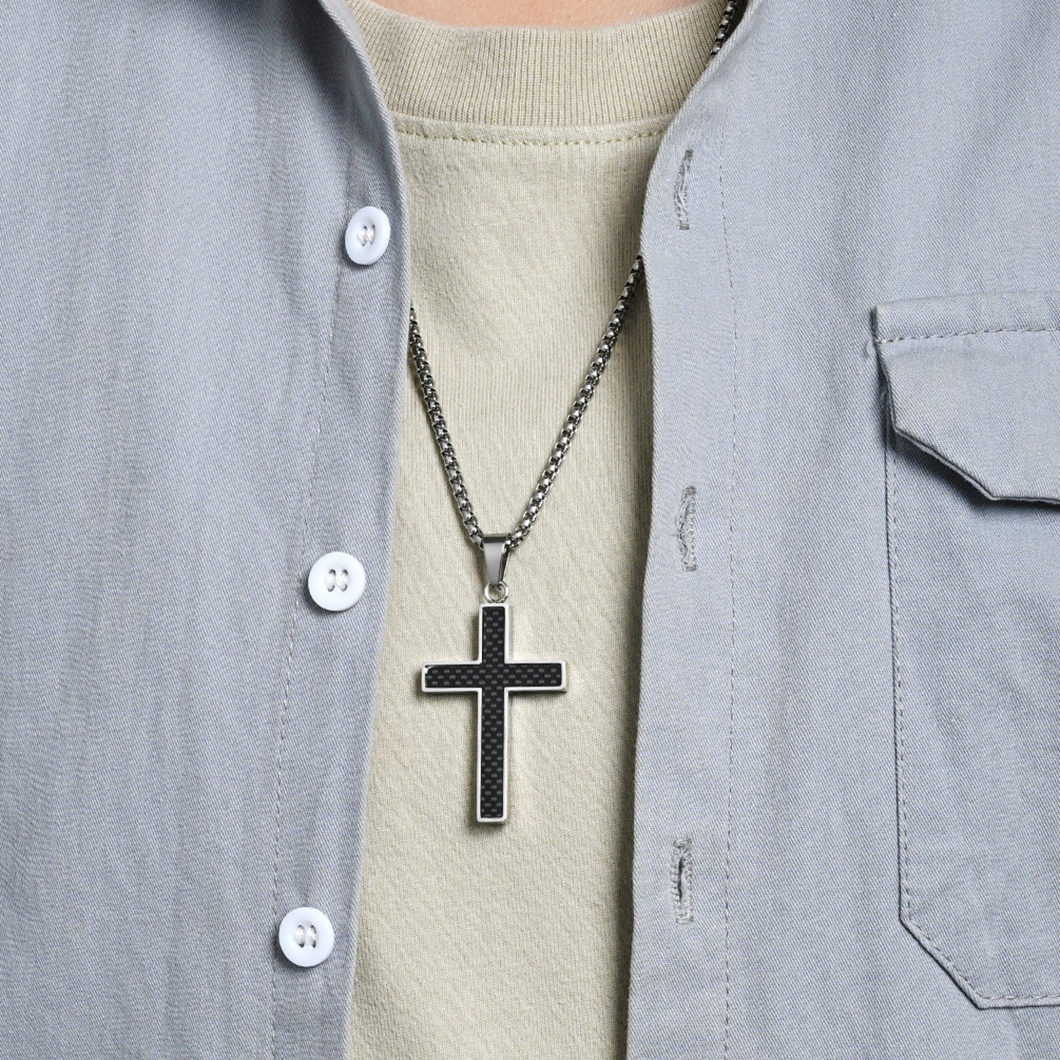 Halskette mit Kreuz Anhänger Herren Silber Titanstahl Carbon Herrenkette Kreuzkette Karma