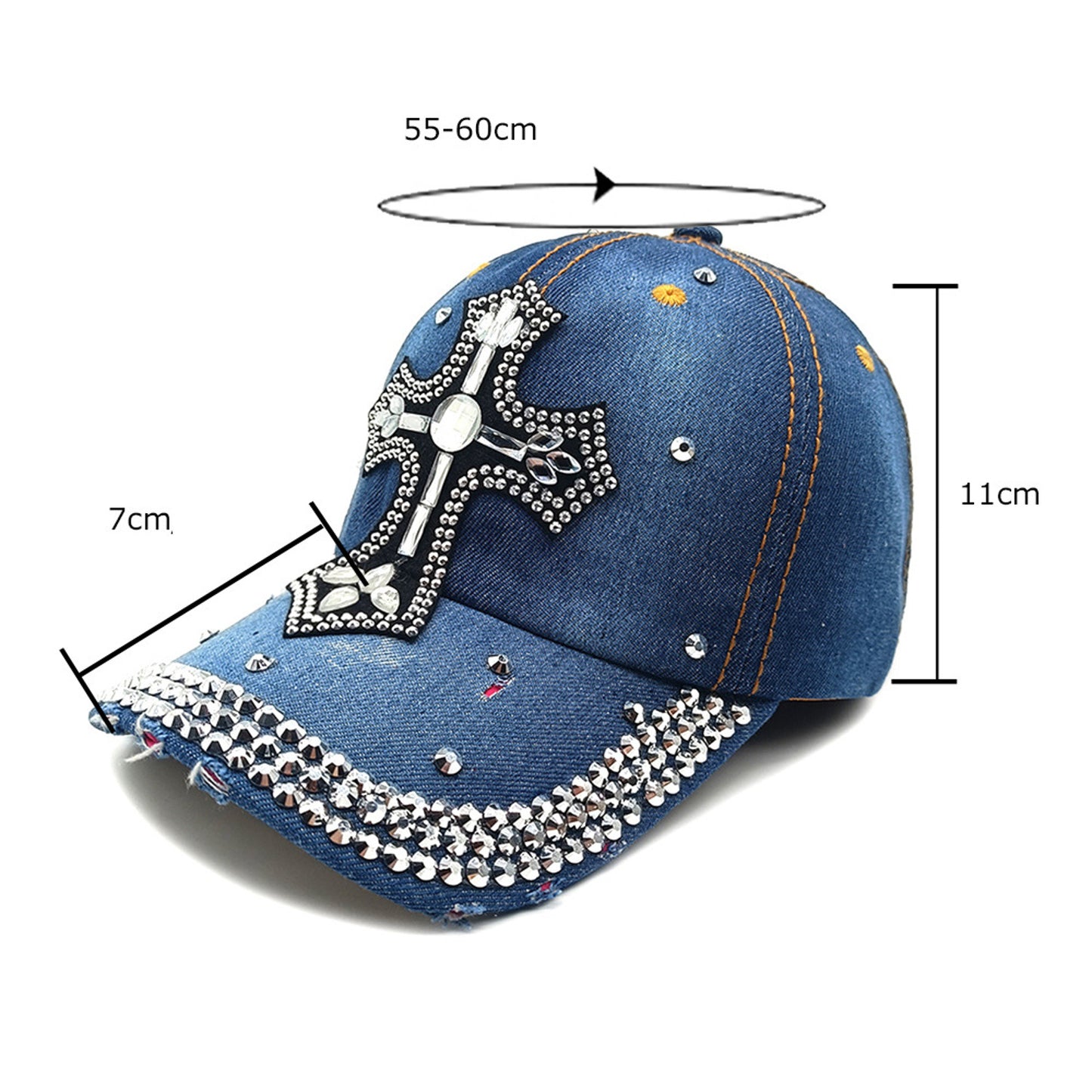Basecap Kreuz Damen Jeansblau Dunkelblau oder Hellblau Baumwolle Kristalle Kappe Karma