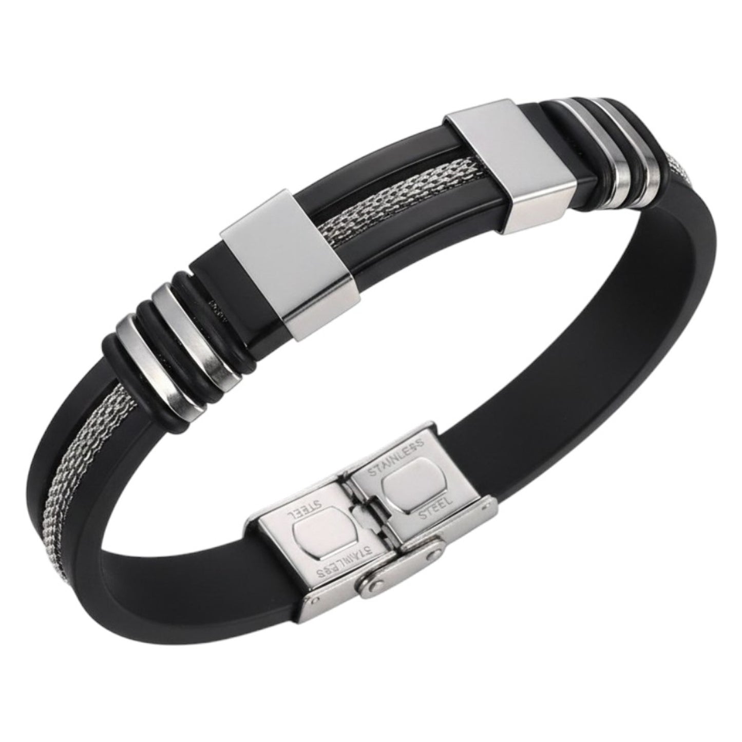 Armband Herren Schwarz 21 cm Silikon Edelstahl modern Karma