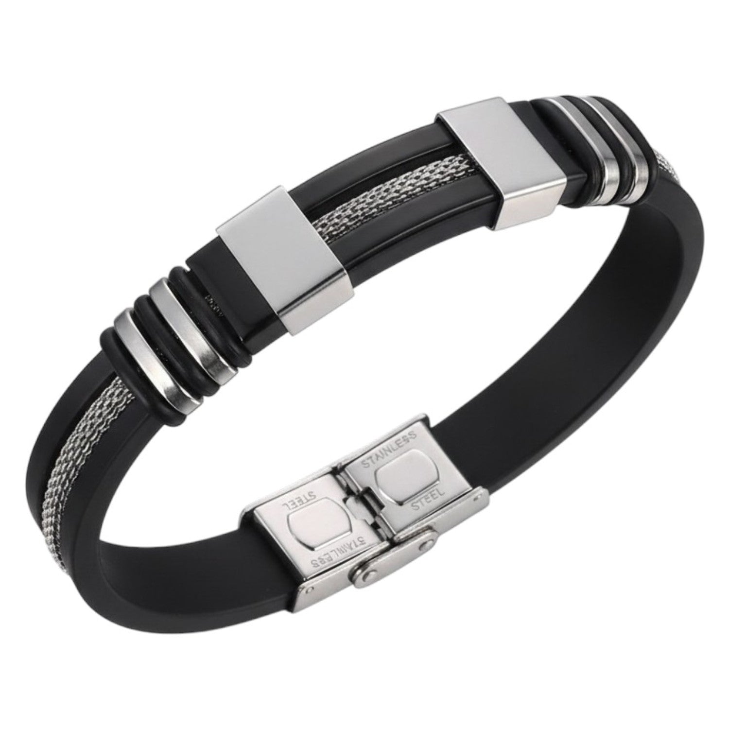 Armband Herren Schwarz 21 cm Silikon Edelstahl modern Karma
