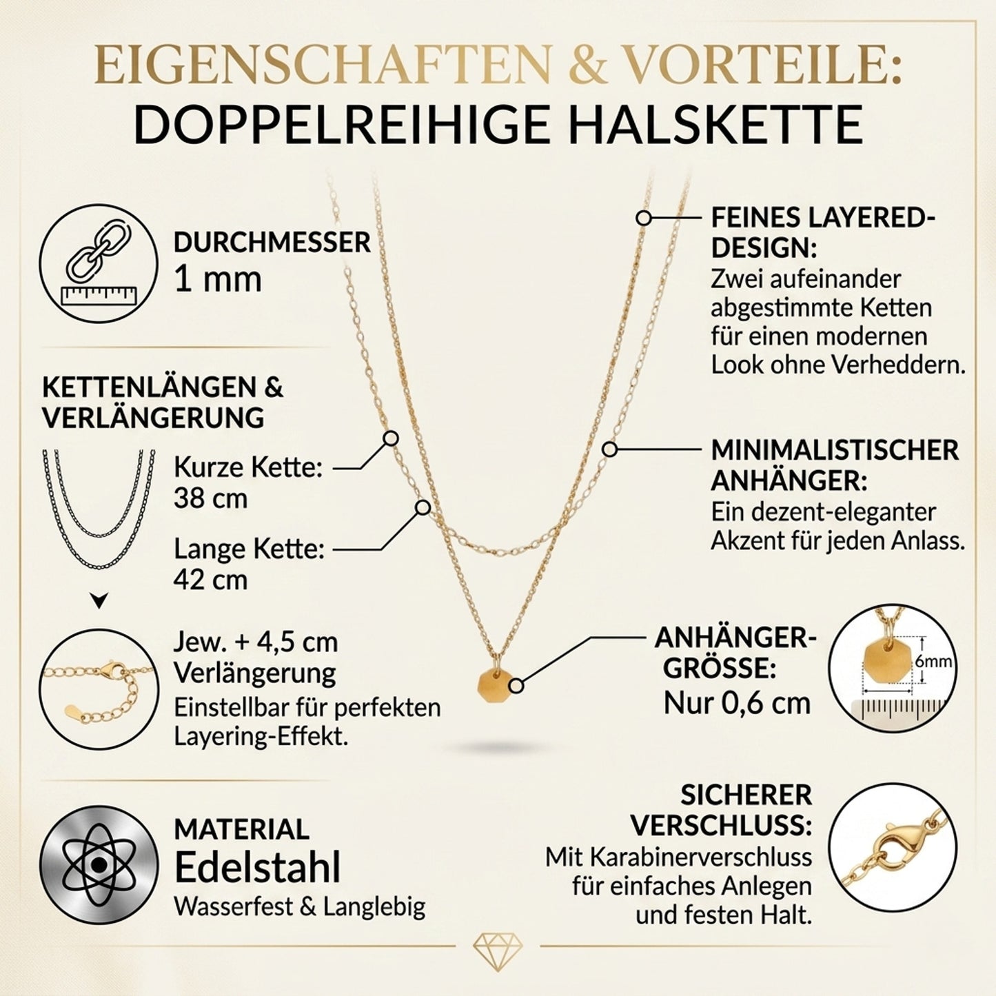 Halskette Damen filigran Layering Gold 42 cm Edelstahl Kette wasserfest hypoallergen rostfrei Karma