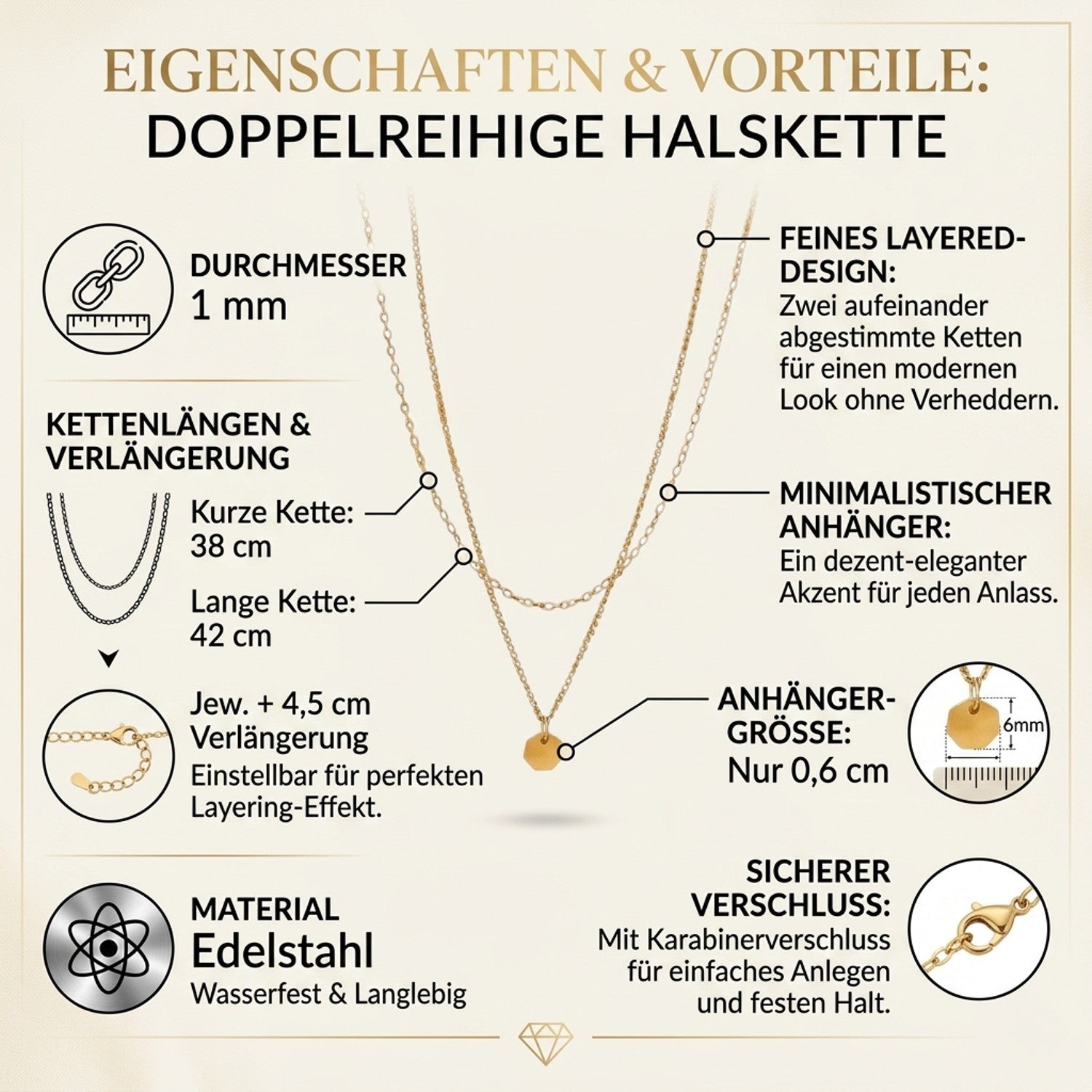 Halskette Damen filigran Layering Gold 42 cm Edelstahl Kette wasserfest hypoallergen rostfrei Karma