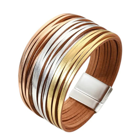 Damen Armband mehrreihig Silber Gold Magnetverschluss 19 cm modern Damenarmband PU Leder Karma