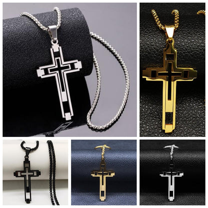 Halskette Kreuz Herren Schwarz modern 60 cm Edelstahl wasserfest hypoallergen rostfrei Karma
