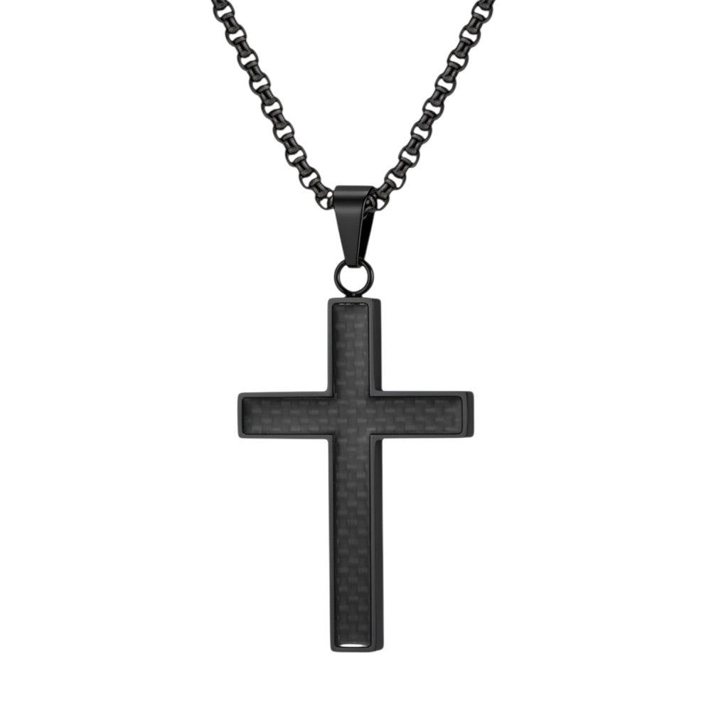 Halskette mit Kreuz Anhänger Herren Schwarz Titanstahl Carbon Herrenkette Kreuzkette Karma