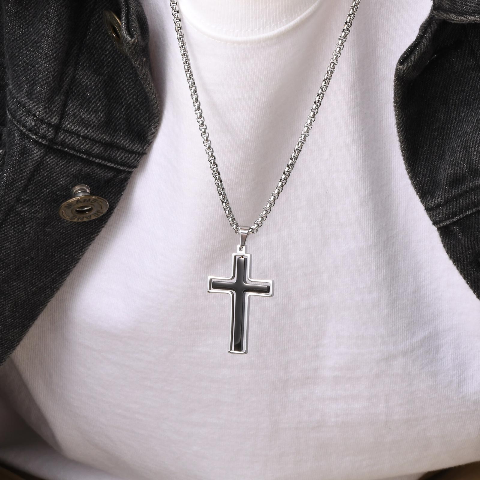 Herrenkette mit Anhänger Kreuz schwarz oder silber KARMA