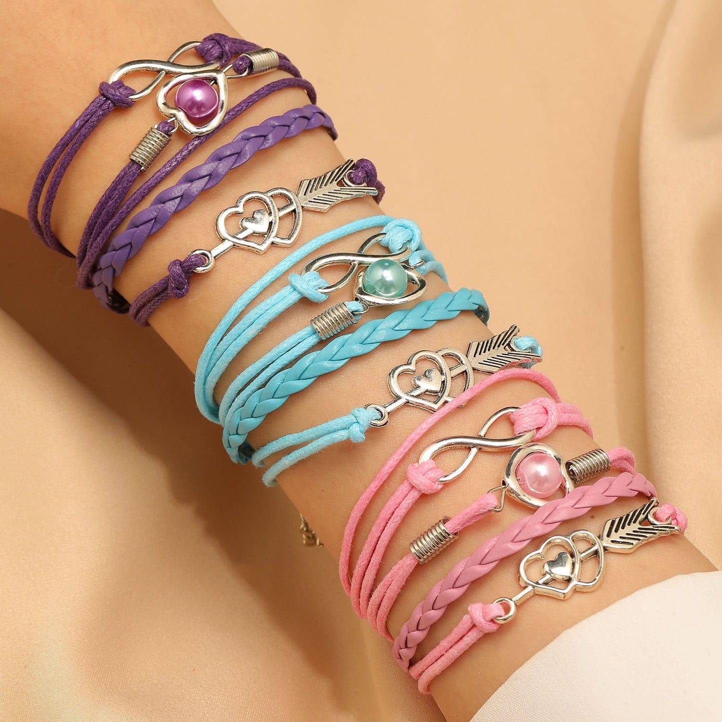 Lederarmband mehrreihig Damen lila, rosa od. türkis KARMA