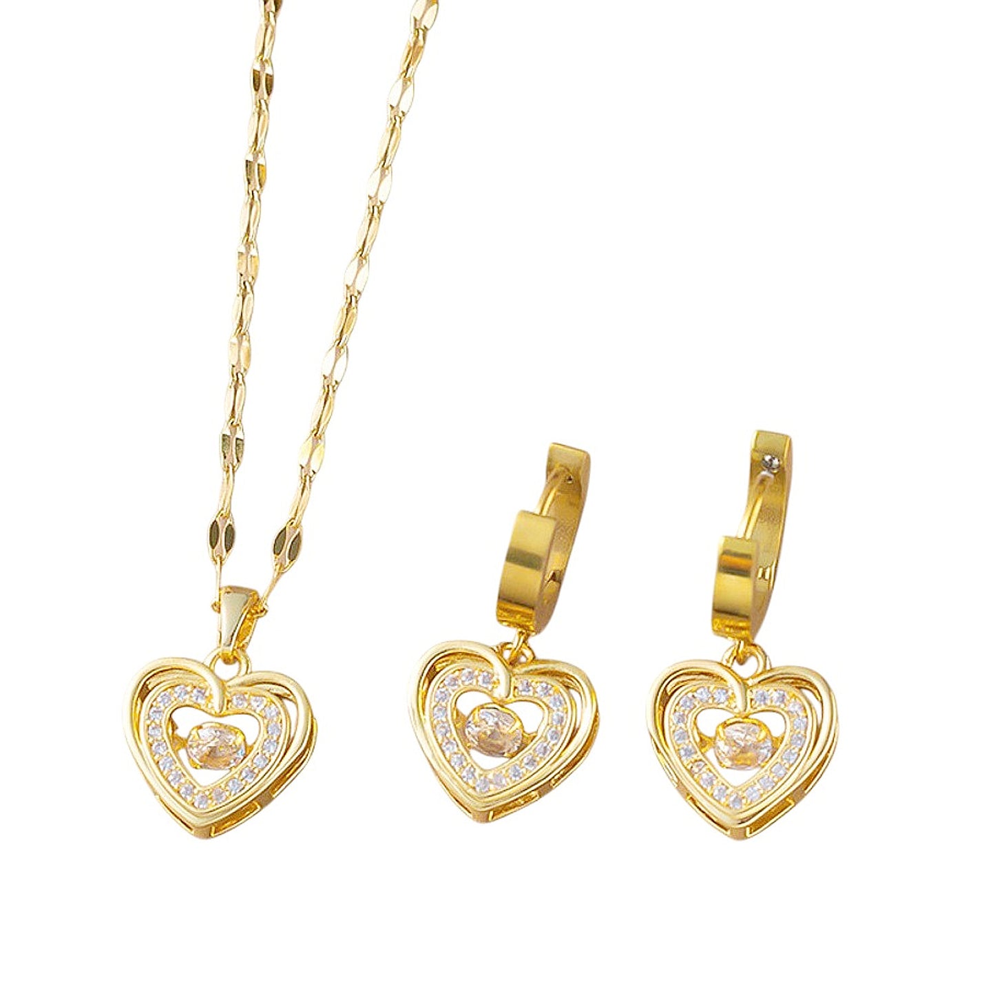 Schmuckset Herz Gold Halskette und Ohrringe Edelstahl Zirkone wasserfest hypoallergen rostfrei Karma