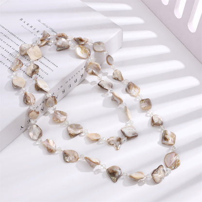 Lange Halskette Muschelsteine und Kristalle Beige Damen Kette Pulloverkette Karma