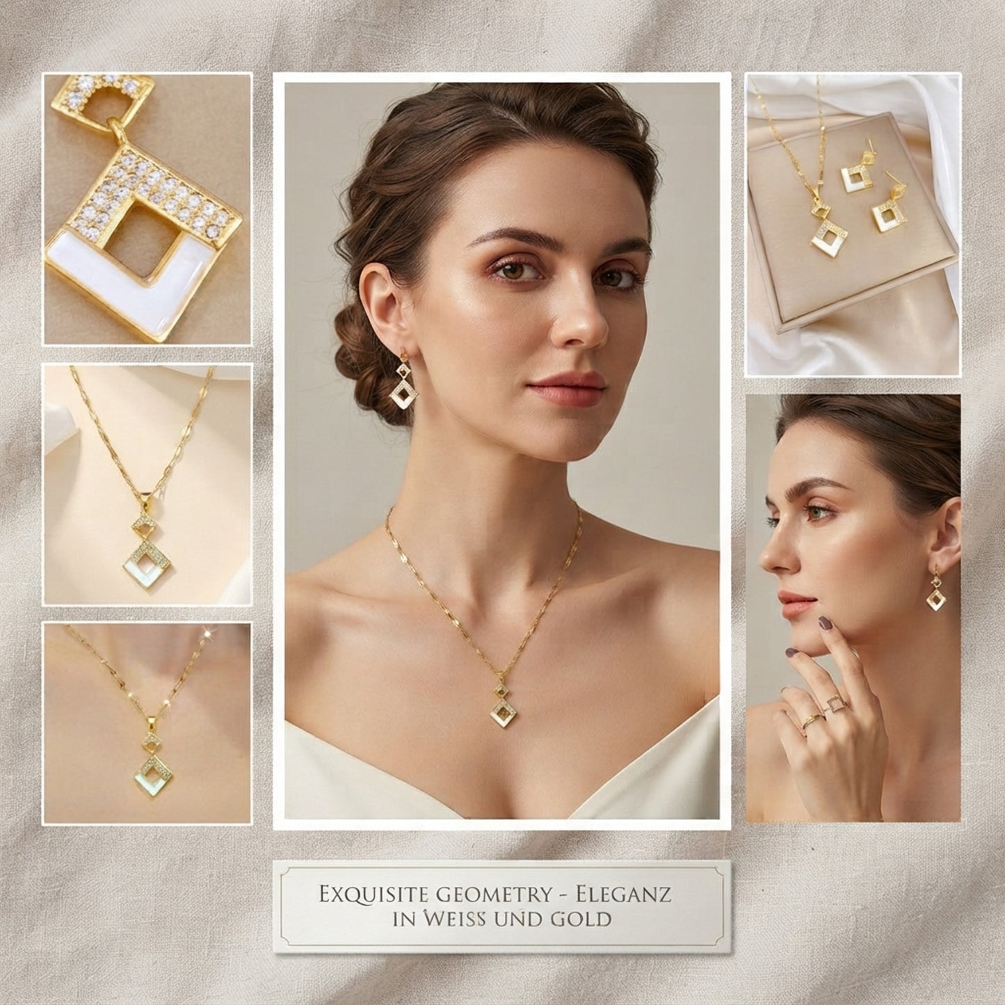 Schmuckset Raute Gold Halskette und Ohrringe Edelstahl Zirkone wasserfest hypoallergen rostfrei Karma