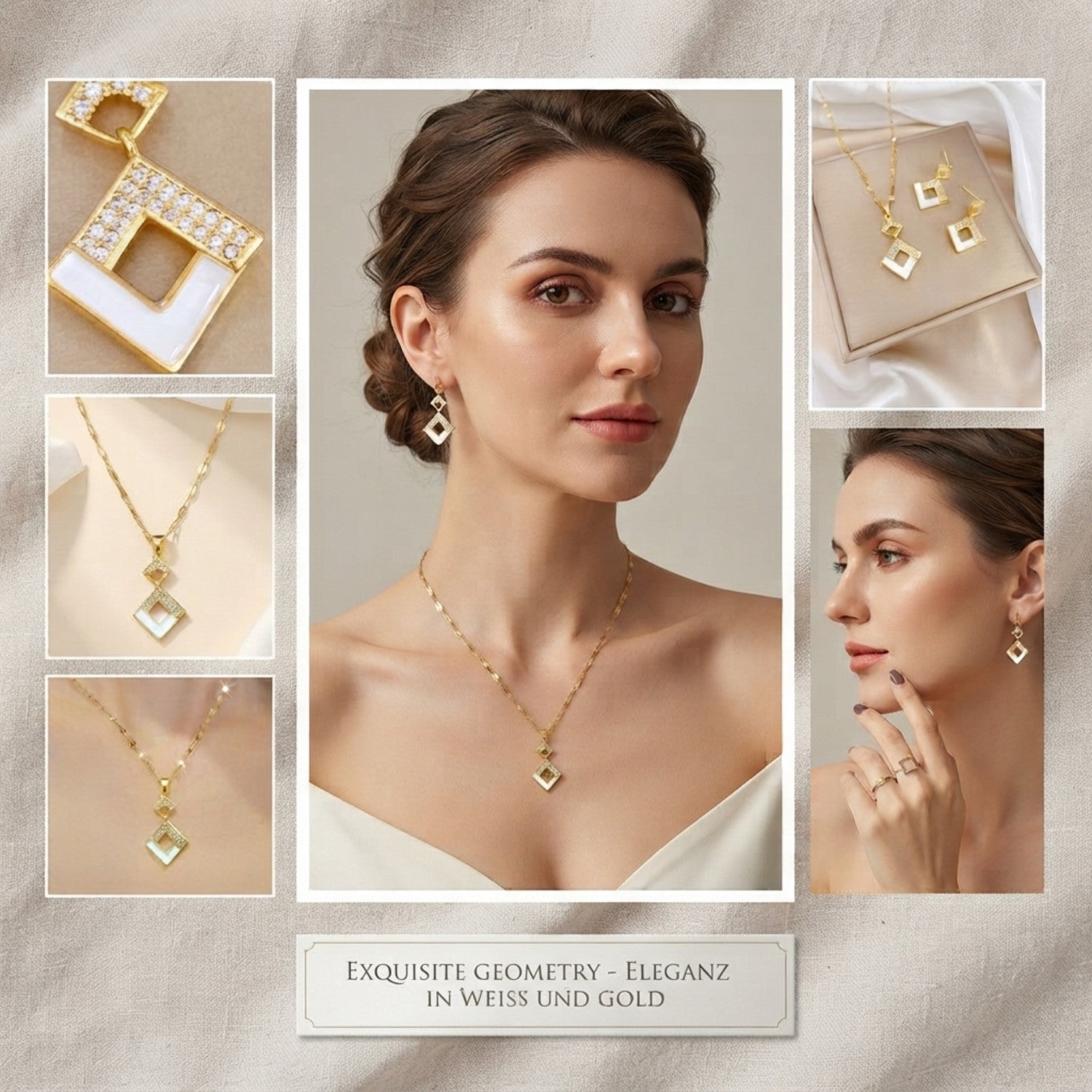 Schmuckset Raute Gold Halskette und Ohrringe Edelstahl Zirkone wasserfest hypoallergen rostfrei Karma