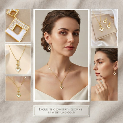 Schmuckset Raute Gold Halskette und Ohrringe Edelstahl Zirkone wasserfest hypoallergen rostfrei Karma
