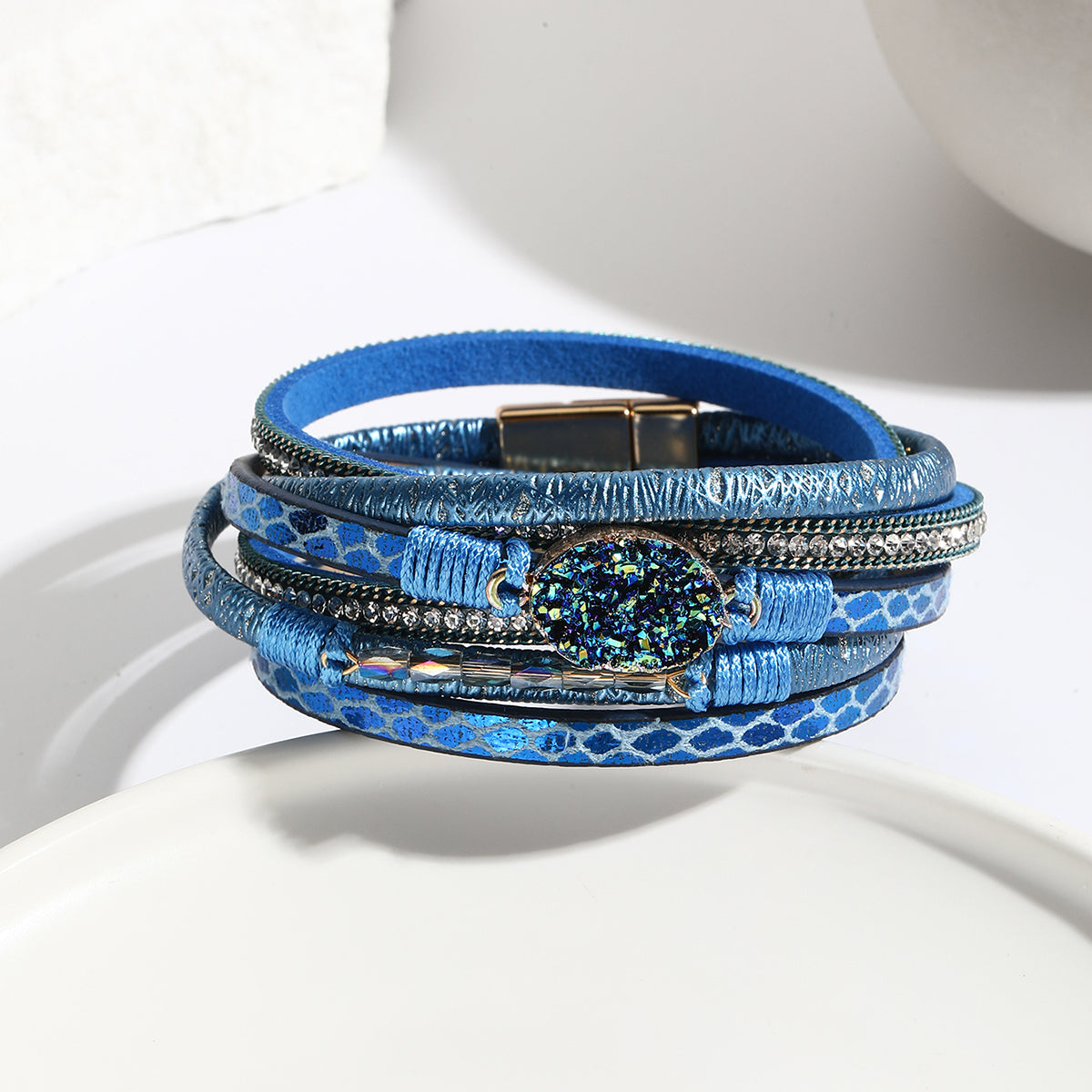 Wickelarmband Damen Blau PU Leder Zirkon Armband Karma